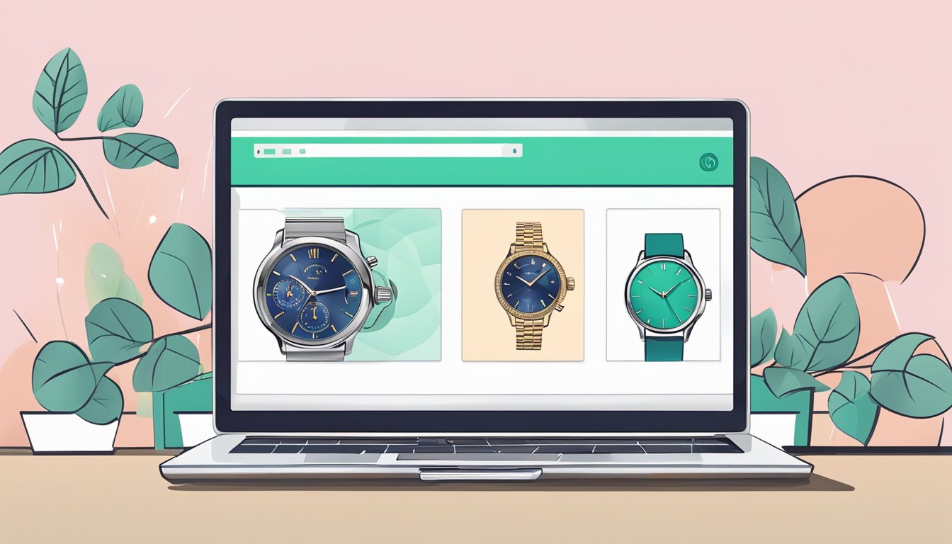 A laptop with a browser open to a website selling ladies watches, with a cursor clicking on the "buy now" button