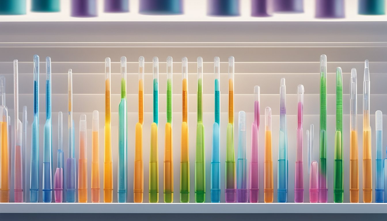 A shelf of plastic pipettes in a well-lit store in Singapore. Various sizes and brands are neatly organized, with price tags clearly displayed