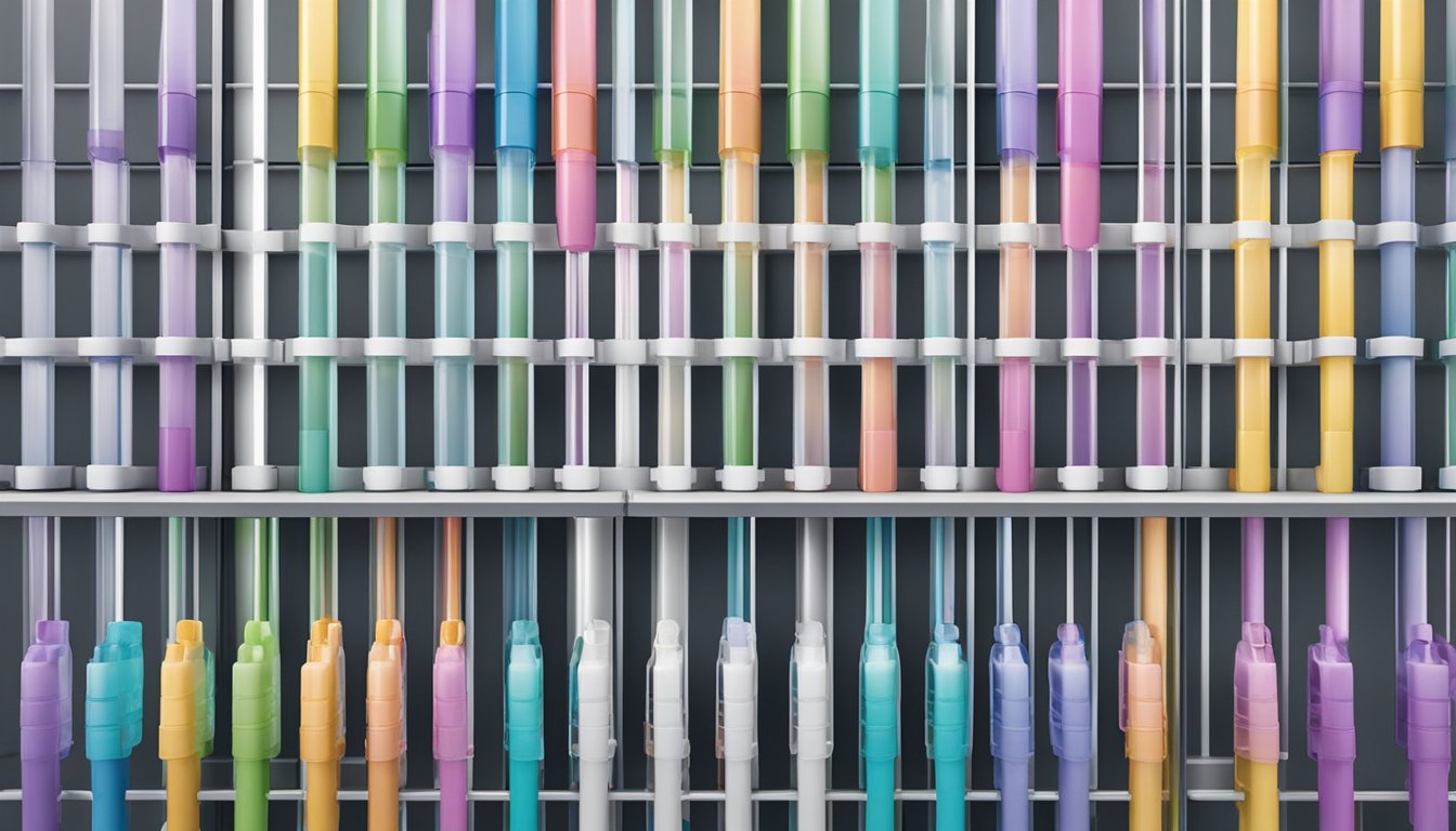 A display of plastic pipettes on shelves in a Singapore store