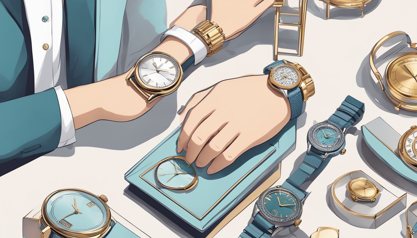 A hand reaching for a sleek ladies watch on a display stand, surrounded by various elegant timepieces