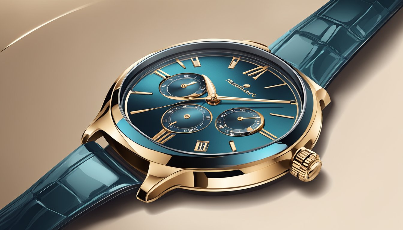 A sleek, modern watch displayed on a luxurious background with elegant branding and classic design elements