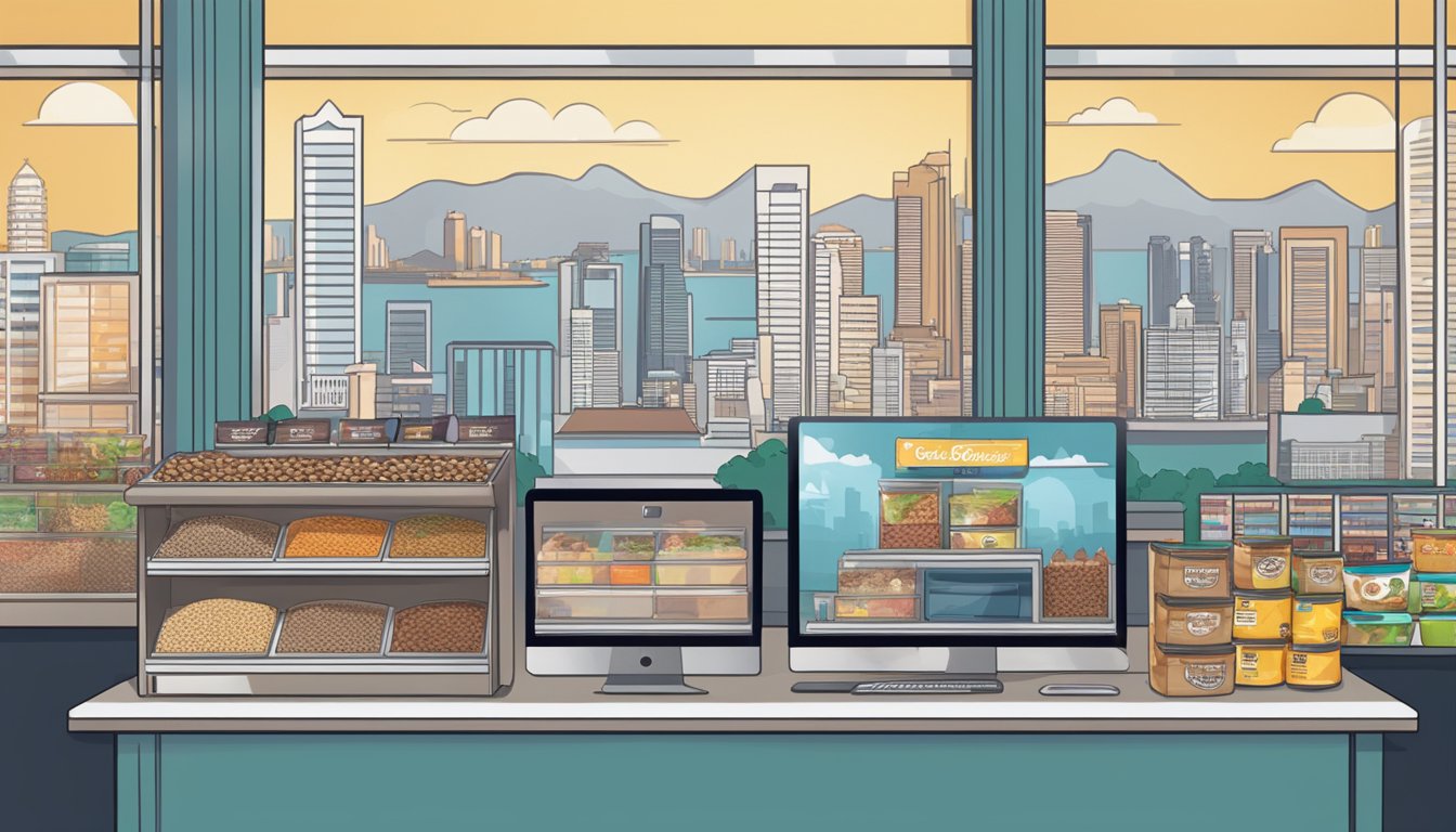 A computer screen displaying an online pet store with various brands of dog food available for purchase, set against a backdrop of the Singapore skyline