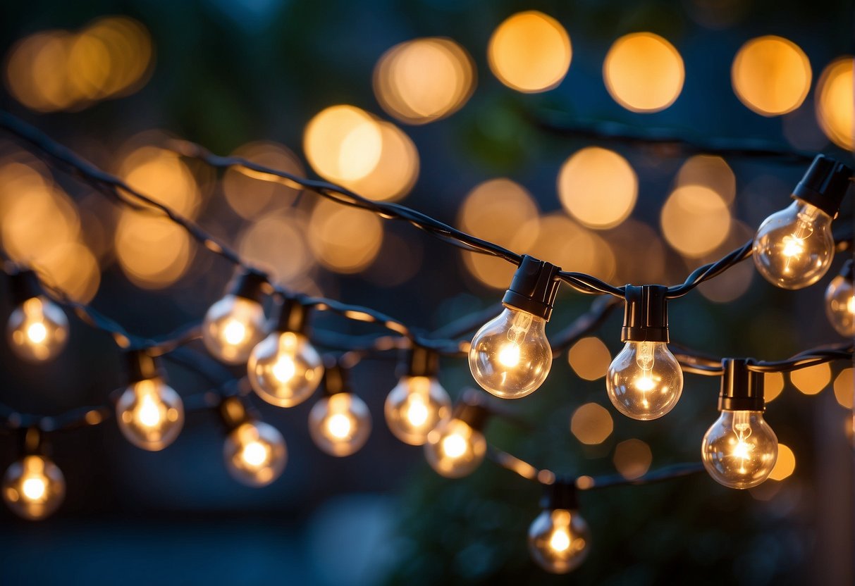 Multiple string lights connected outdoors, following safety guidelines. No human presence