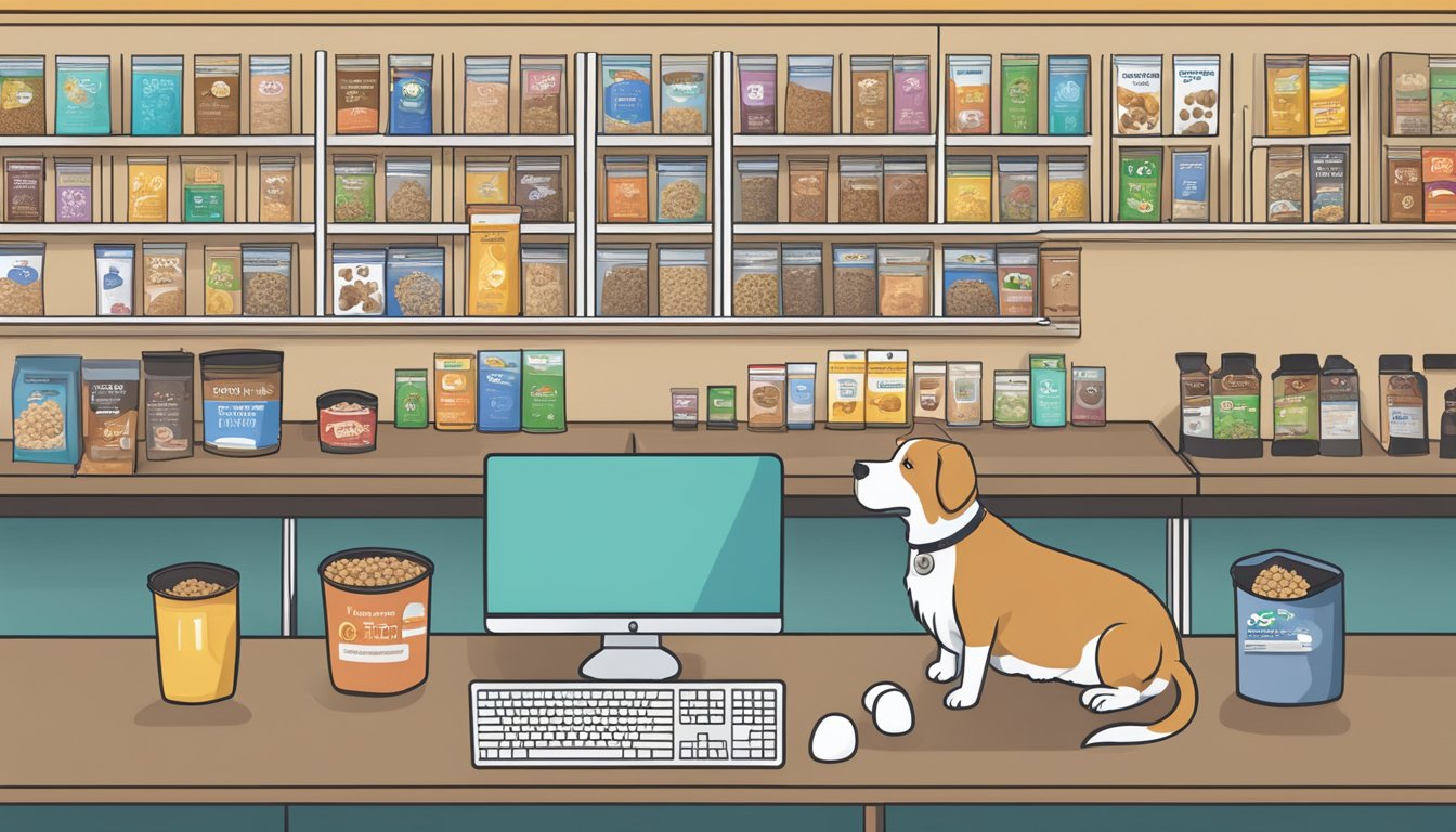 A dog stands in front of a computer, browsing through different dog food options available for purchase online. The screen displays various brands and types of dog food