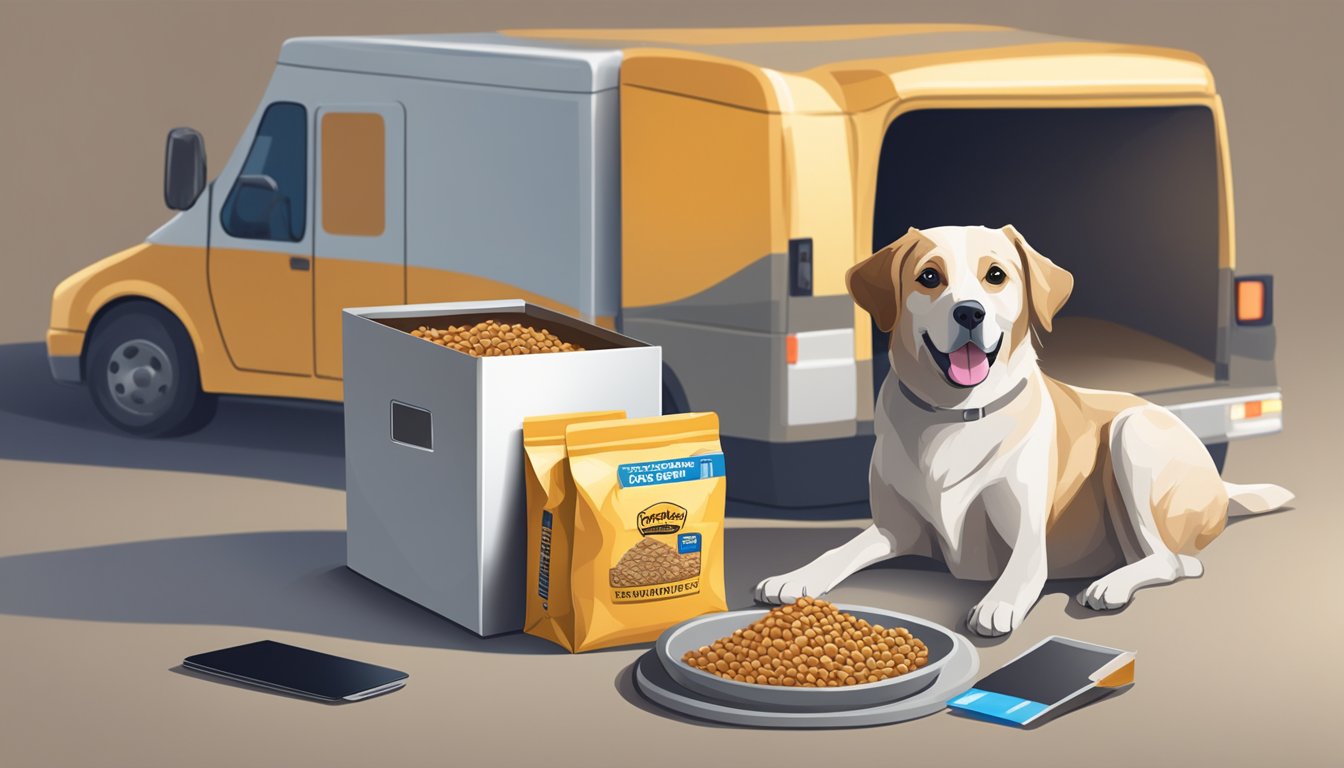 A dog food bag sits next to a computer and credit card, with a delivery truck in the background