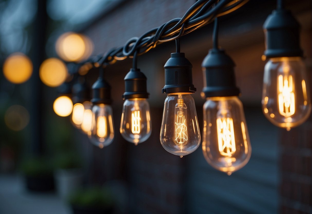 Several outdoor lights connected in a series, with one end plugged into a power source and the other end hanging freely