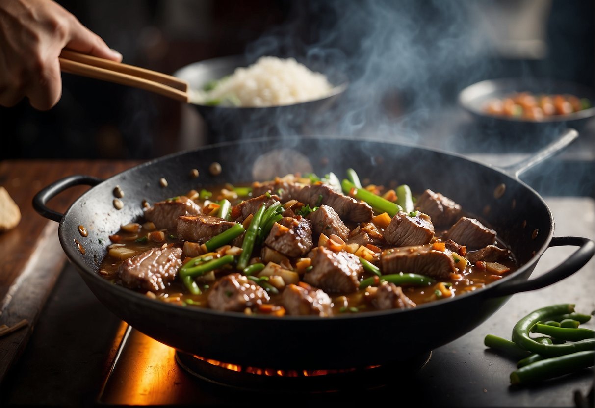 A sizzling wok tosses chunks of tender lamb with ginger, garlic, and scallions, while a rich, savory sauce simmers nearby