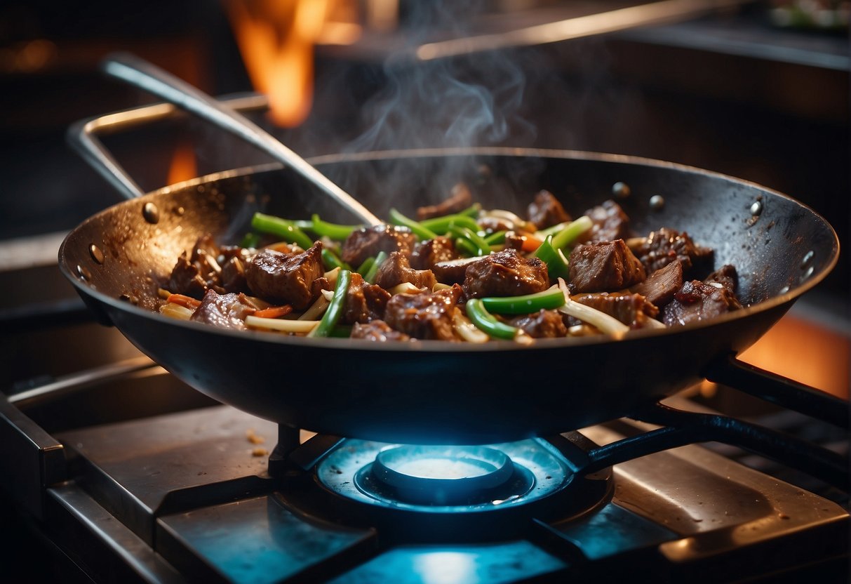 A wok sizzles as lamb is stir-fried with ginger, garlic, and green onions. Aromatic spices fill the air as the meat caramelizes and the dish comes together