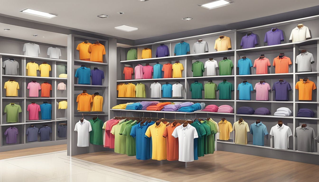A colorful array of polo tees displayed in a Singaporean boutique, with various styles and sizes for different occasions