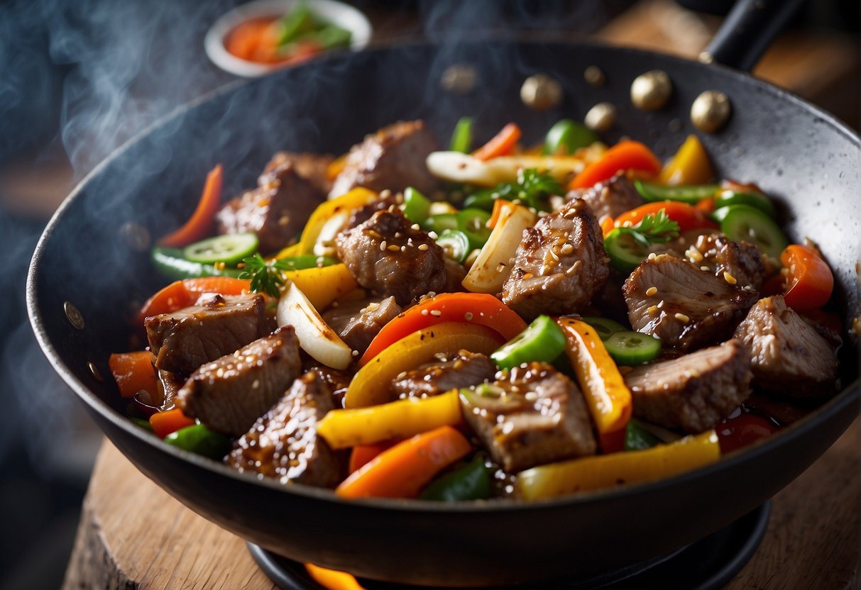 A sizzling wok filled with tender chunks of lamb, stir-fried with traditional Chinese spices and fresh vegetables, emitting a mouth-watering aroma