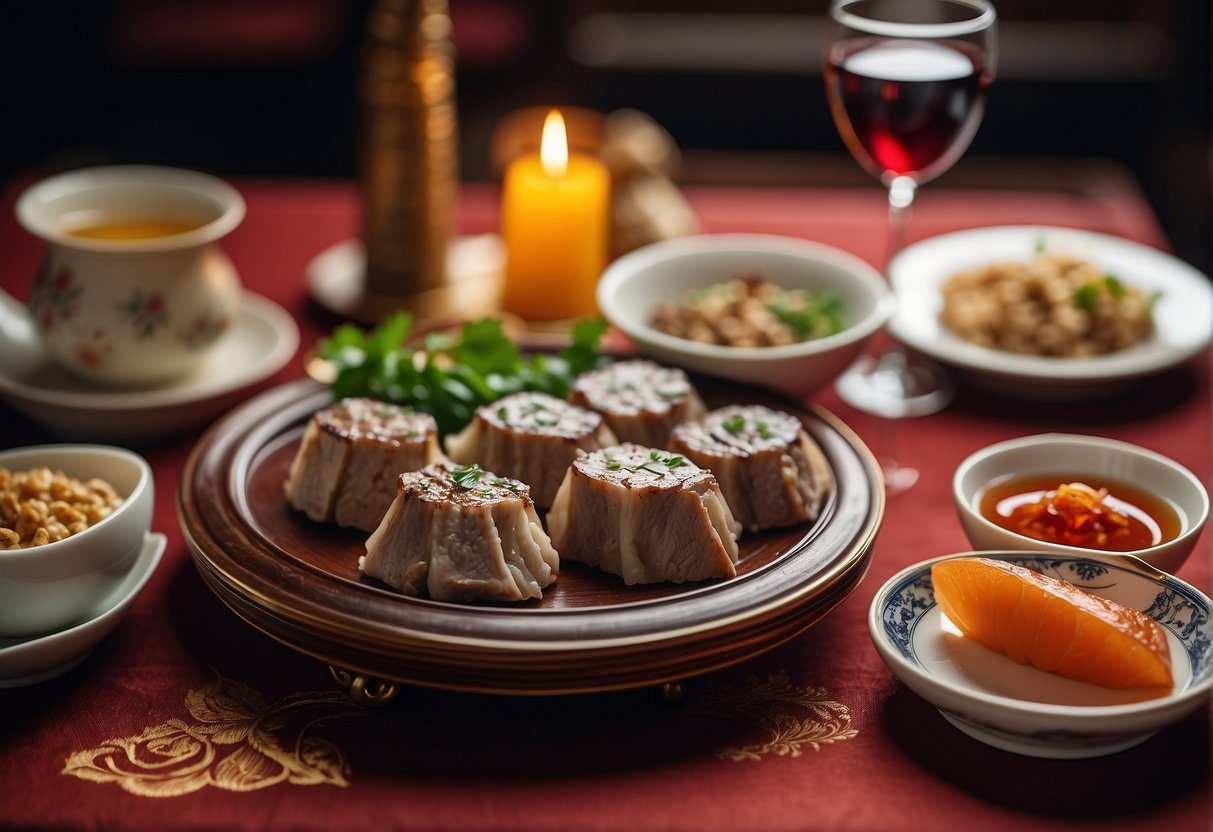 A table set with Chinese lamb dishes, surrounded by traditional Chinese decor and accompanied by a selection of wine and tea for pairing