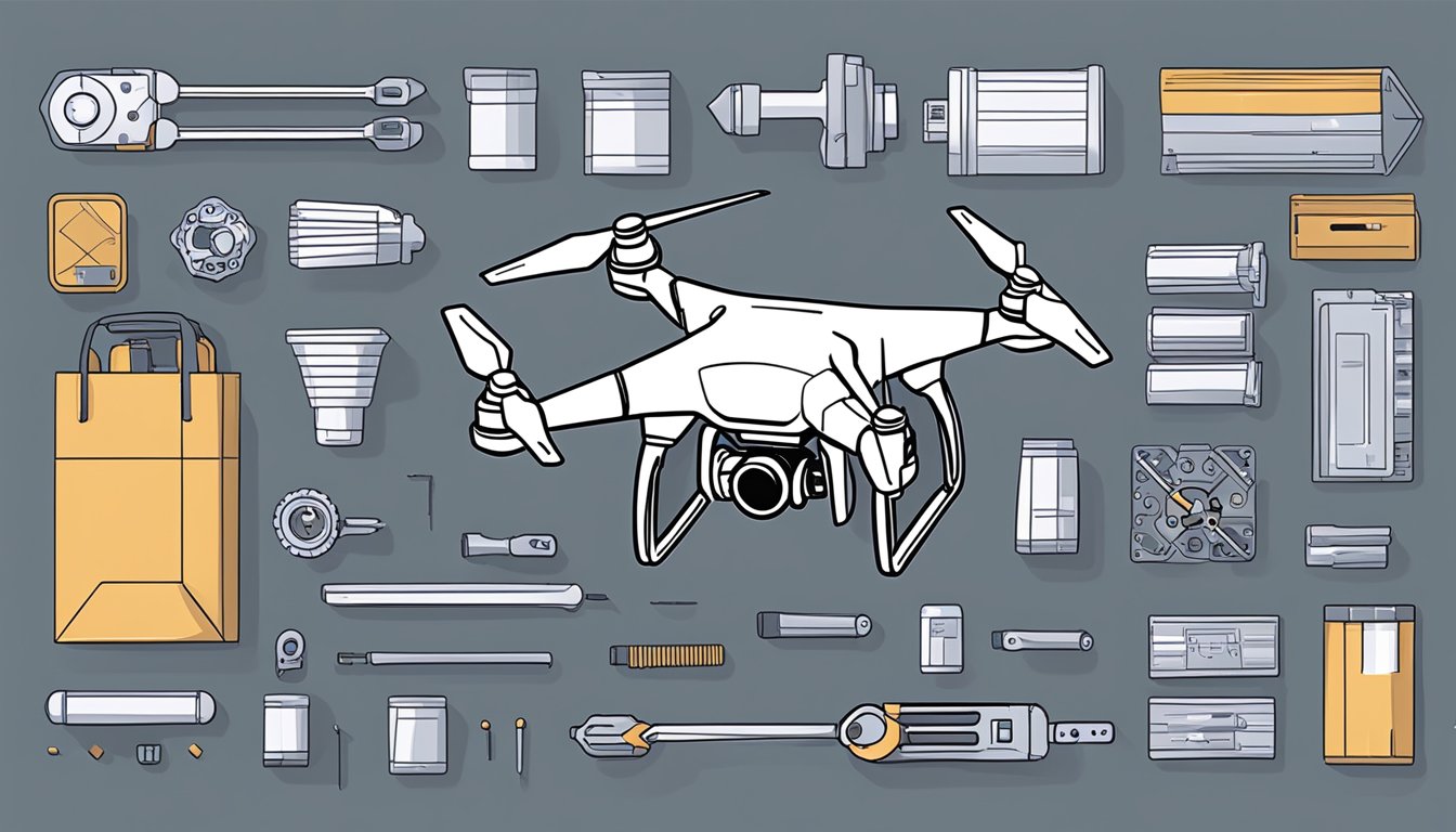 A hand reaches for a package labeled "Best Drone Parts" from an online store. The contents are laid out on a workbench, ready to be assembled