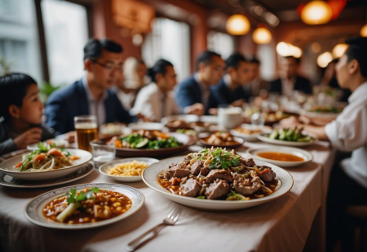 A table set with various Chinese lamb dishes, surrounded by curious onlookers