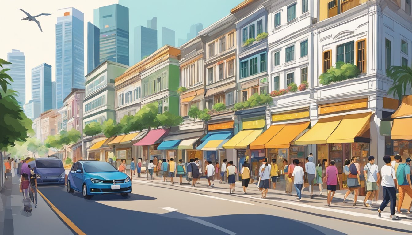 A bustling street in Singapore, with colorful storefronts and a prominent display of polo tees. Shoppers and tourists browse the selection