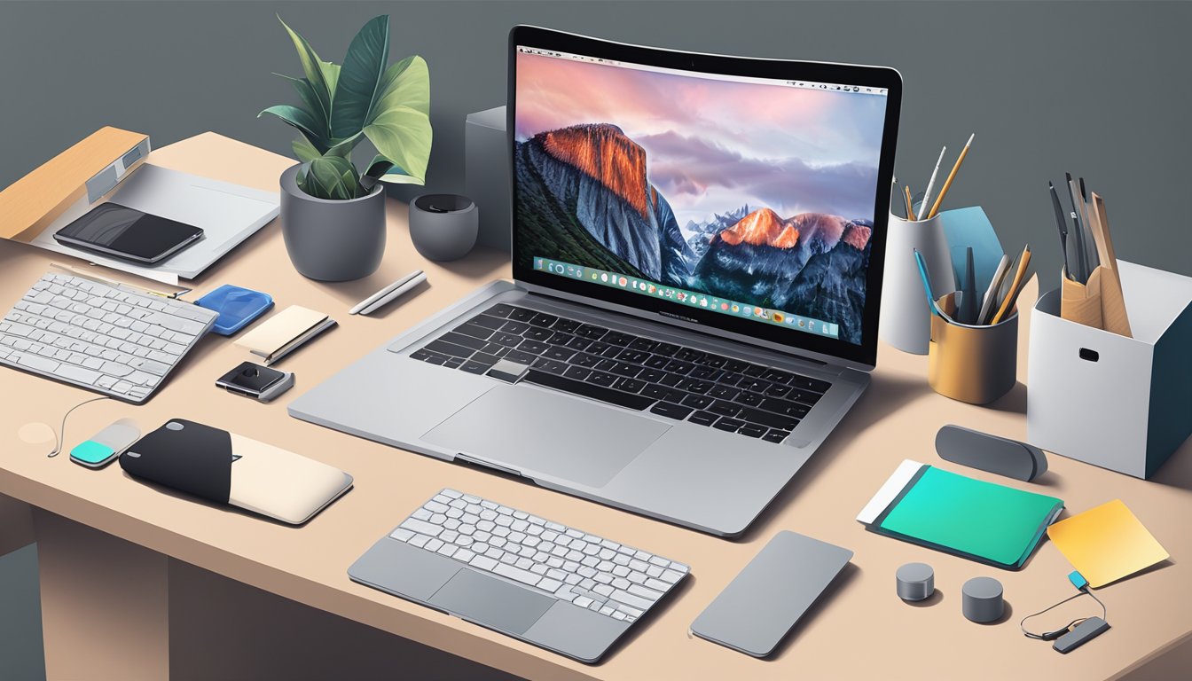 A MacBook being unboxed and set up on a clean desk with accessories nearby