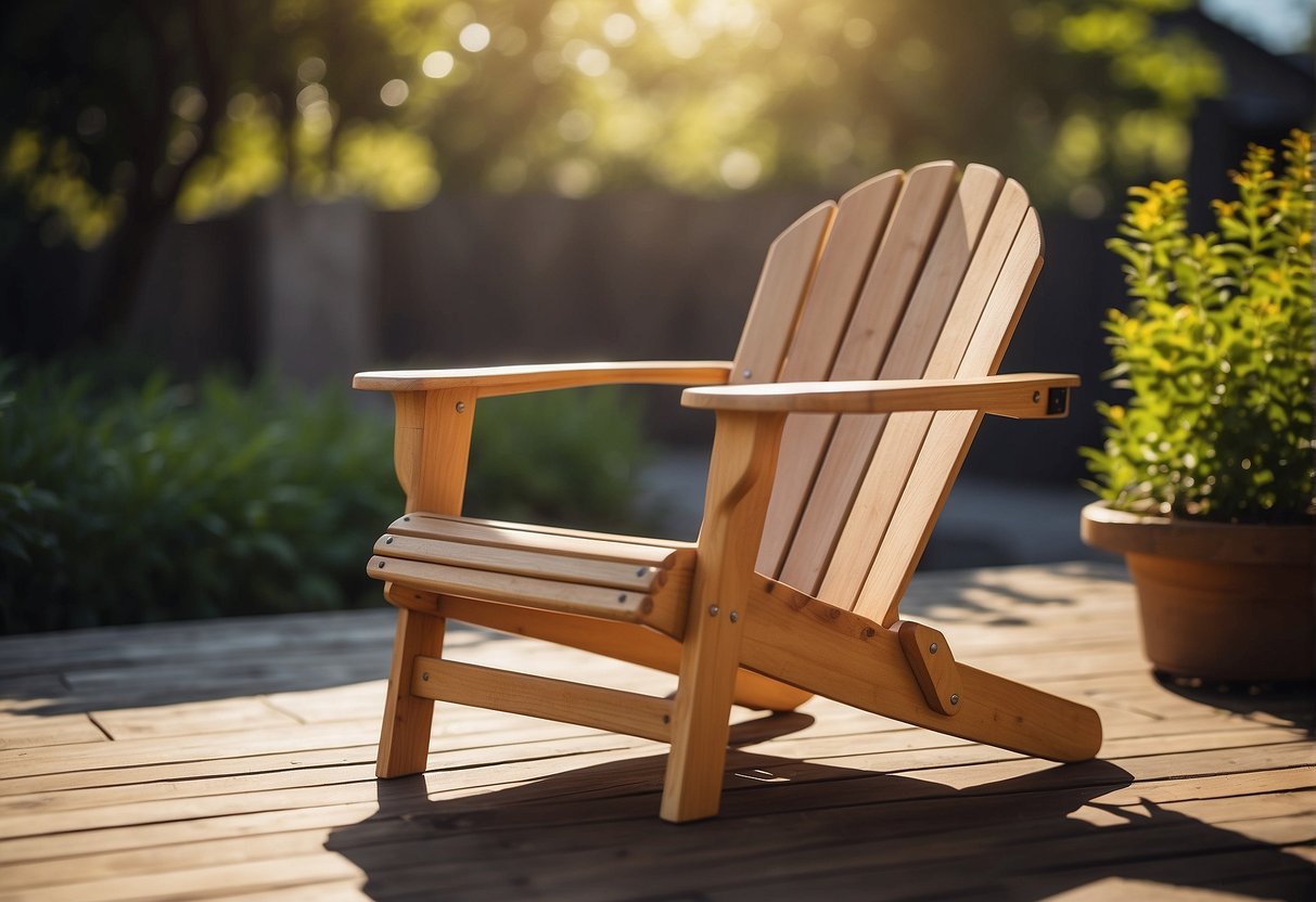 A wooden outdoor chair sits in a sunny, well-ventilated area with multiple layers of spar urethane applied, waiting to cure