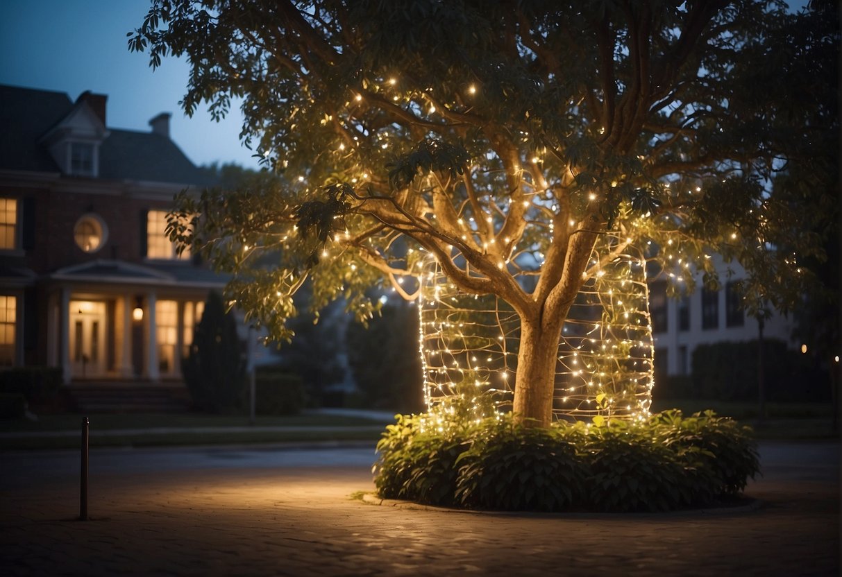 An outdoor tree being wrapped with lights, measuring the length needed