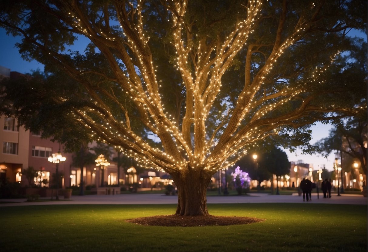 A tall outdoor tree wrapped in twinkling lights, with 100 feet of lights spiraling around the trunk and branches