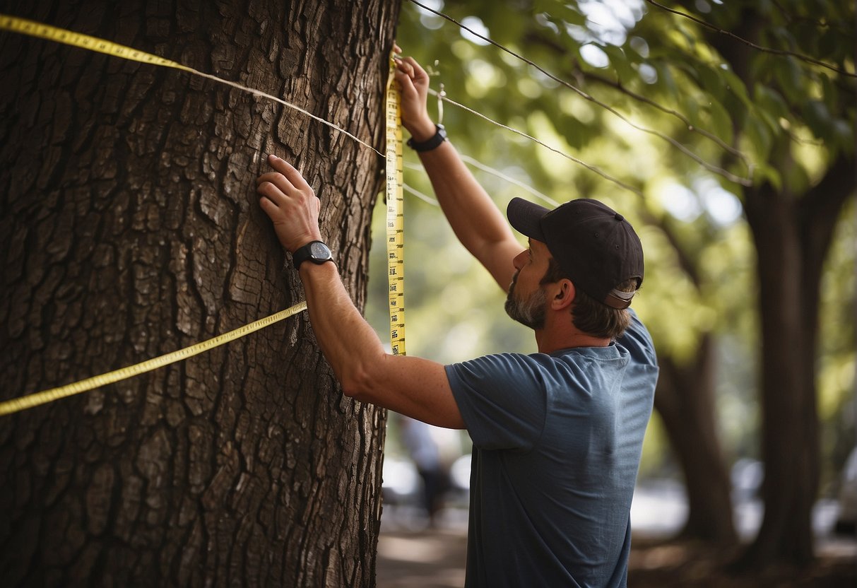 A person measuring the height and circumference of an outdoor tree with a tape measure, preparing to wrap it with string lights