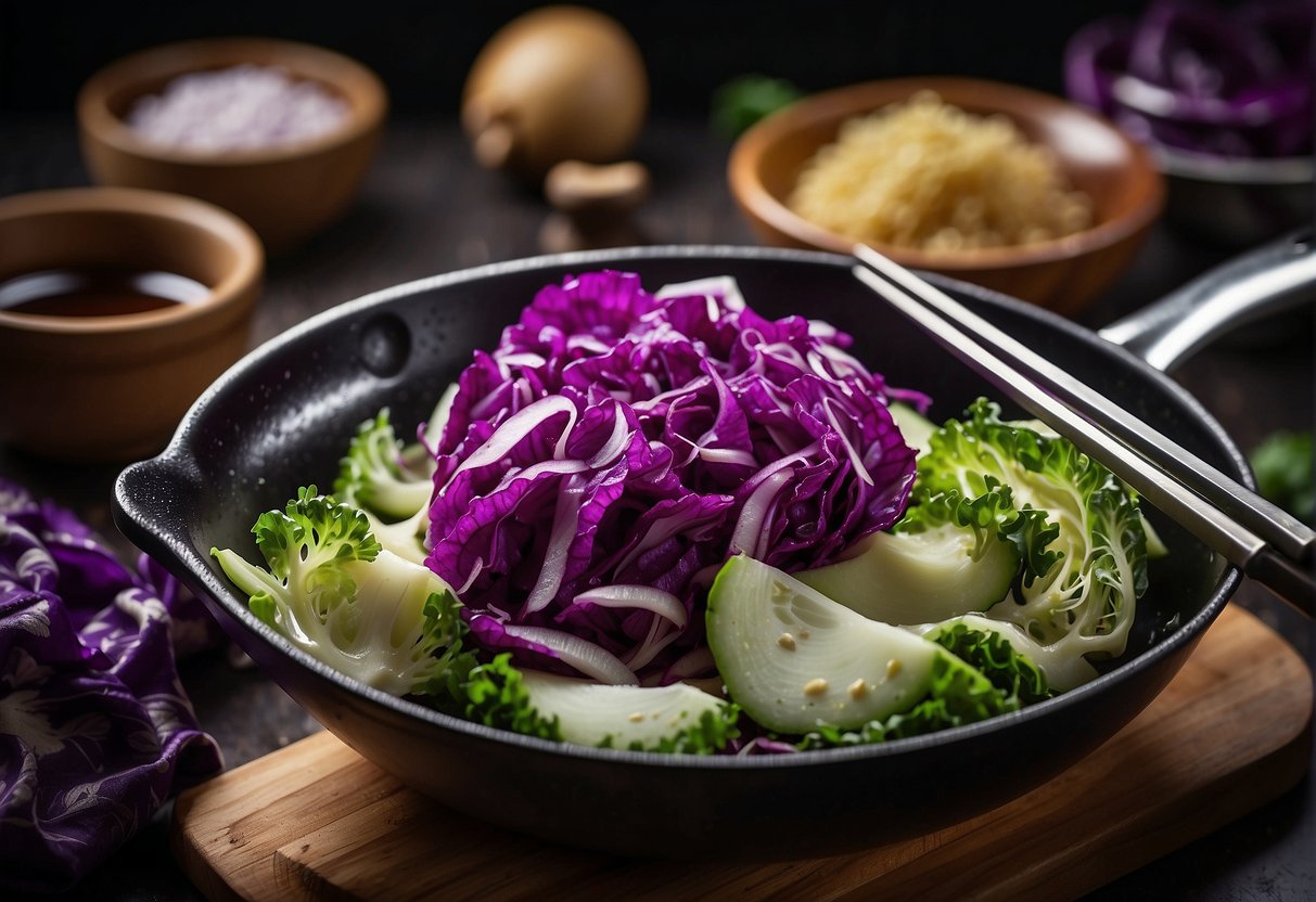 A vibrant purple cabbage is being sliced and stir-fried in a sizzling wok with garlic, ginger, and soy sauce