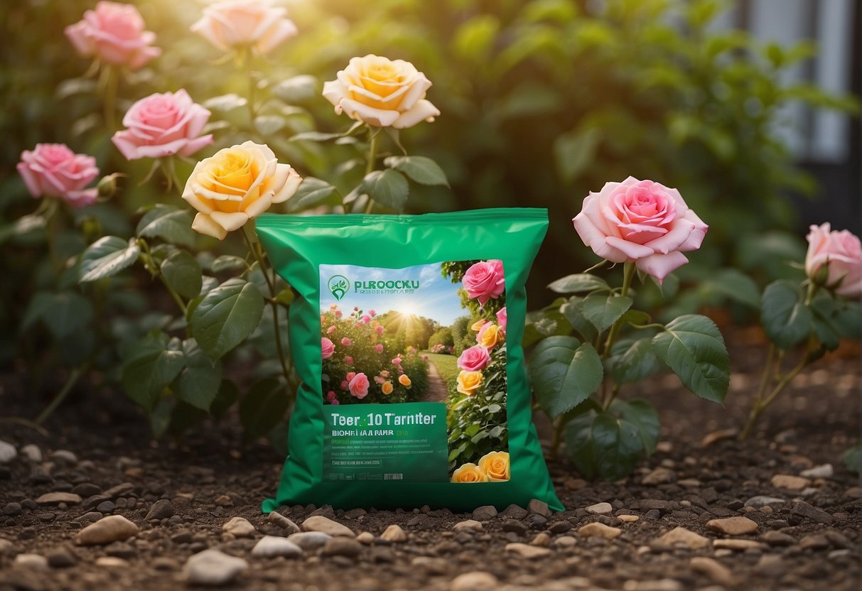 A bag of 10-10-10 fertilizer sits next to a blooming rose bush in a well-tended garden. The sun shines down, highlighting the vibrant green leaves and colorful blossoms
