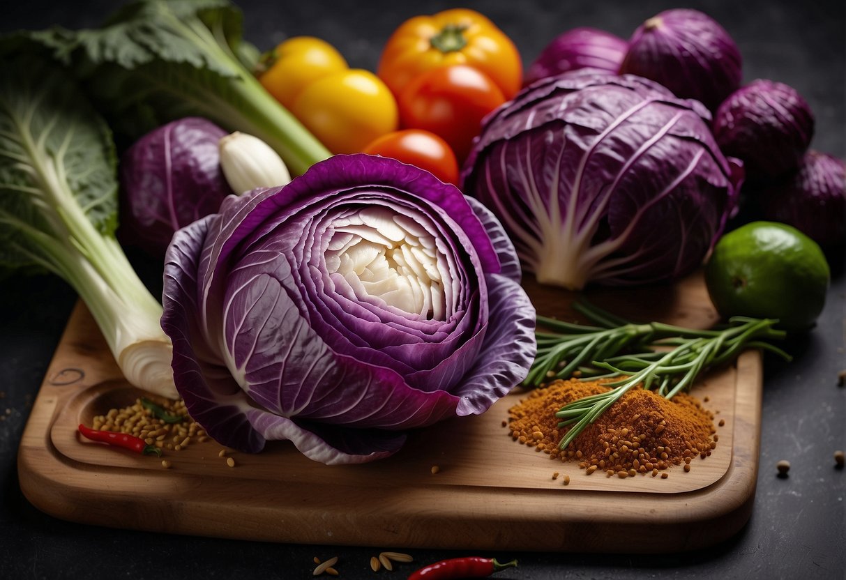 A vibrant purple cabbage sits on a cutting board, surrounded by colorful vegetables and spices, ready to be prepared for a delicious Chinese recipe