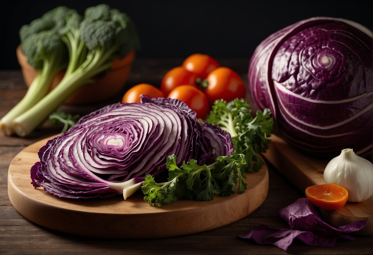 A head of purple cabbage sits on a wooden cutting board next to a knife and a bowl of sliced vegetables. Ingredients for a Chinese recipe are arranged neatly on the counter