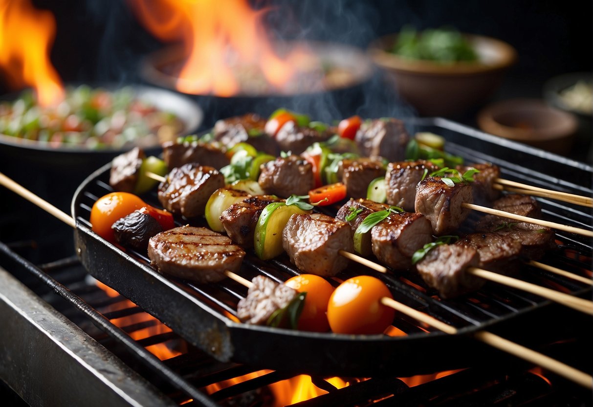 A grill sizzling with marinated lamb skewers, surrounded by traditional Chinese spices and herbs