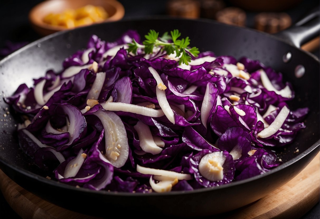 Purple cabbage being sliced into thin strips, stir-fried with garlic and ginger in a sizzling wok