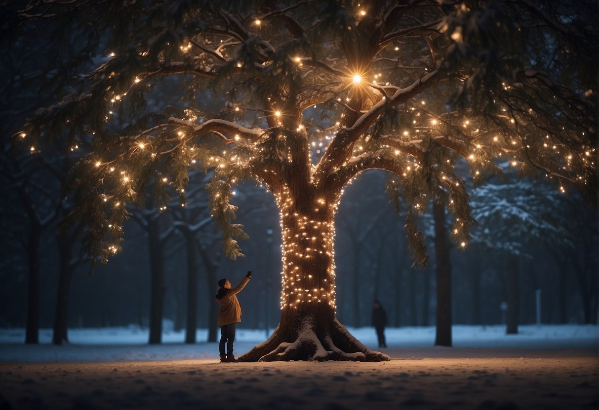 A tall outdoor tree wrapped in twinkling lights, with a person measuring and calculating the number of feet needed for the perfect illumination