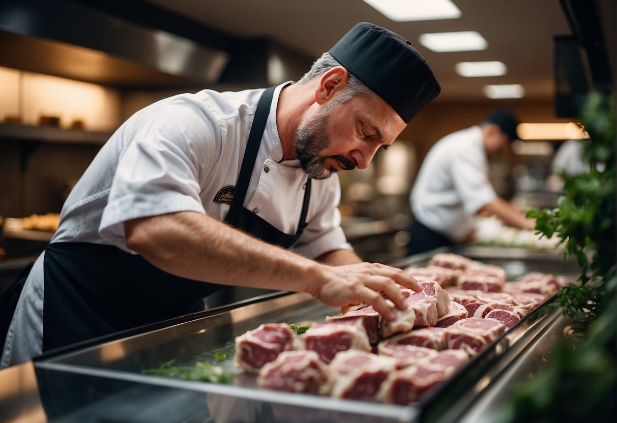 A chef selects a fresh cut of lamb from a display case, carefully examining the marbling and texture before making a decision
