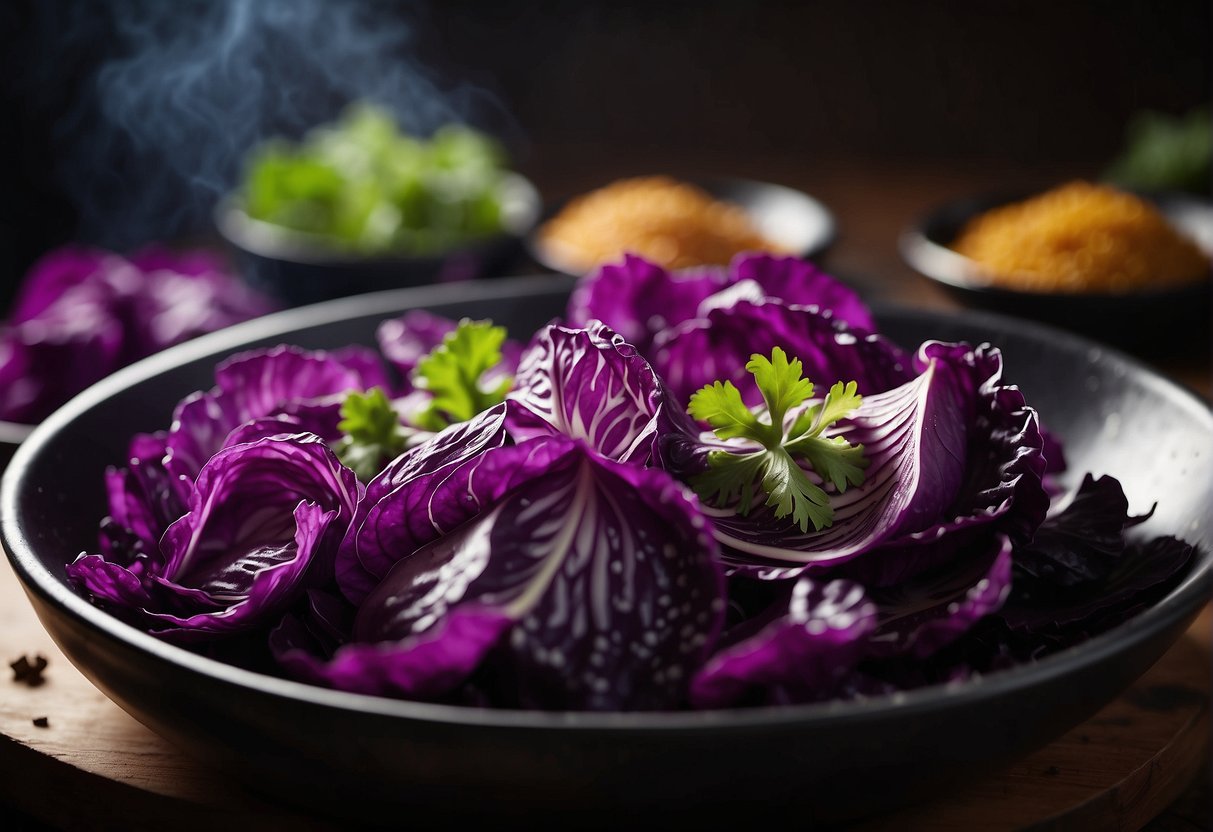 A vibrant purple cabbage is being sliced and tossed in a wok with aromatic Chinese spices, creating a visually stunning and fragrant dish