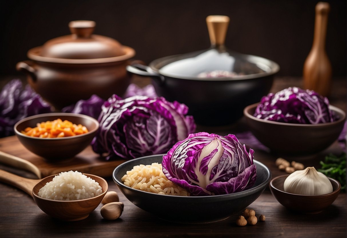 A head of purple cabbage, a wok with stir-fry, soy sauce, ginger, garlic, and sesame oil, surrounded by traditional Chinese cooking utensils