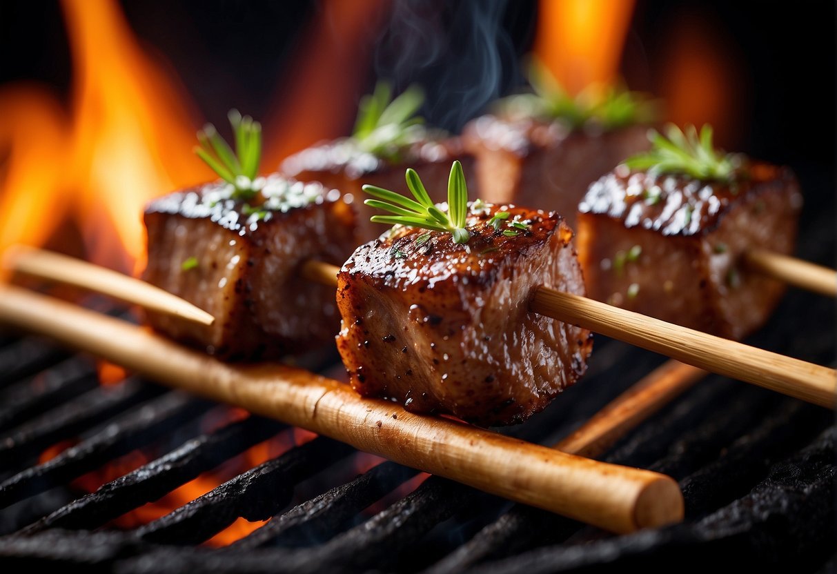 Lamb cubes marinated in Chinese spices, skewered on bamboo sticks, grilling over hot coals
