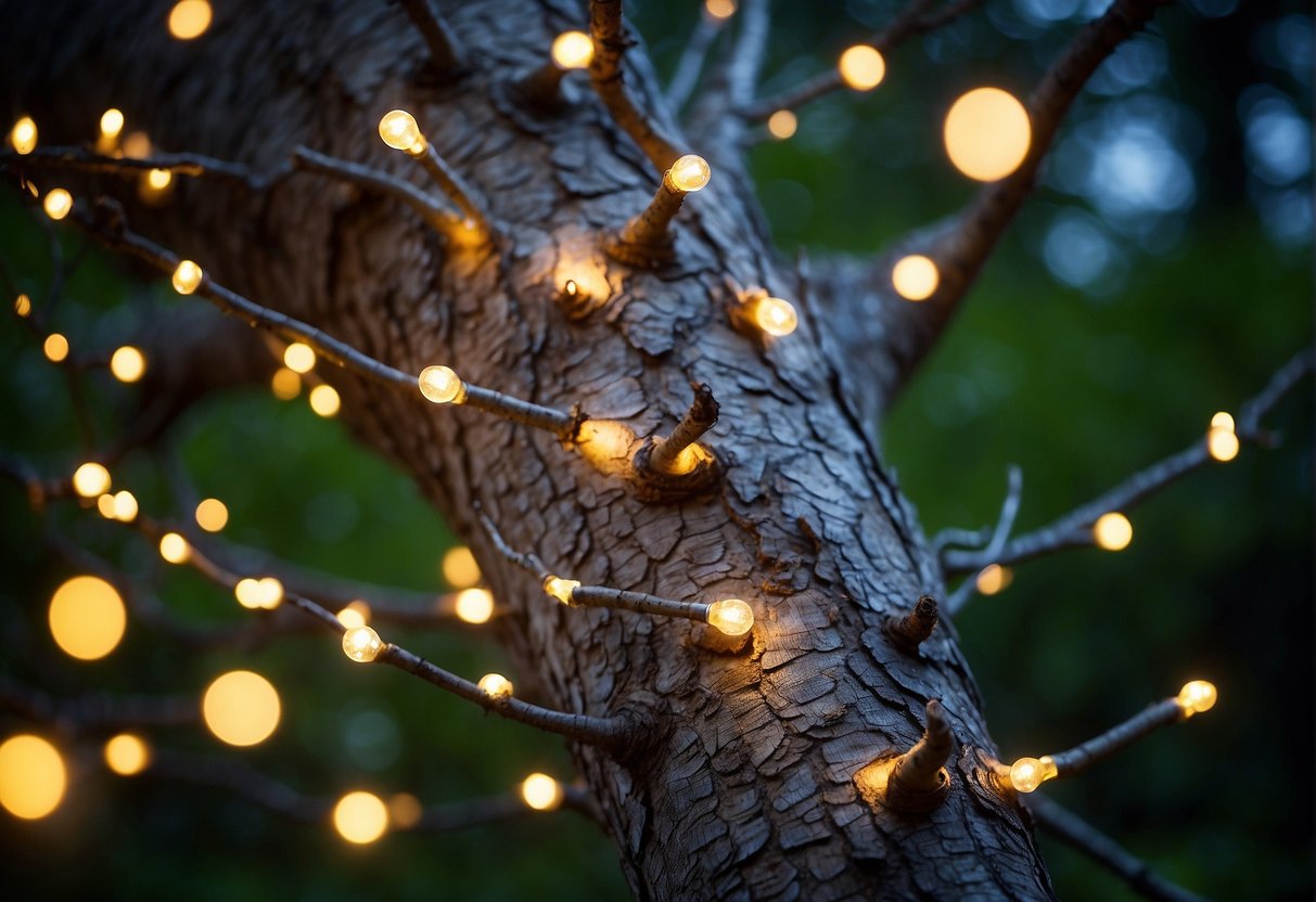 A tree wrapped in LED lights for energy efficiency, measuring the length needed for the trunk and branches