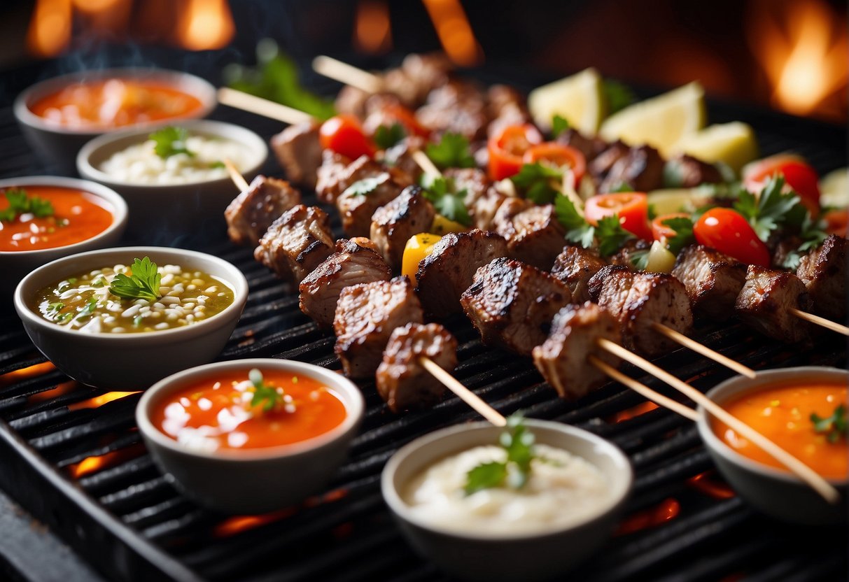 Lamb skewers sizzling on a grill, surrounded by colorful bowls of dipping sauces and garnishes