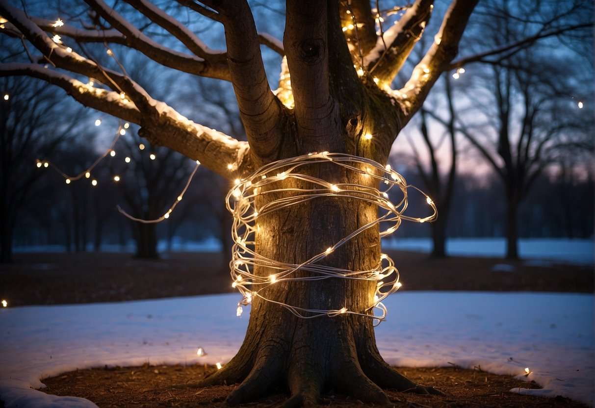 A tree wrapped in twinkling lights, with coils of lights and a measuring tape nearby