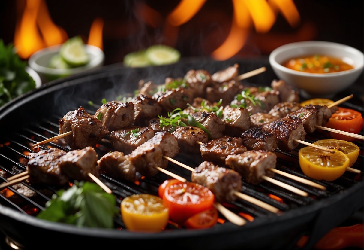 A sizzling grill cooks marinated lamb skewers, surrounded by aromatic spices and traditional Chinese ingredients, ready to be served