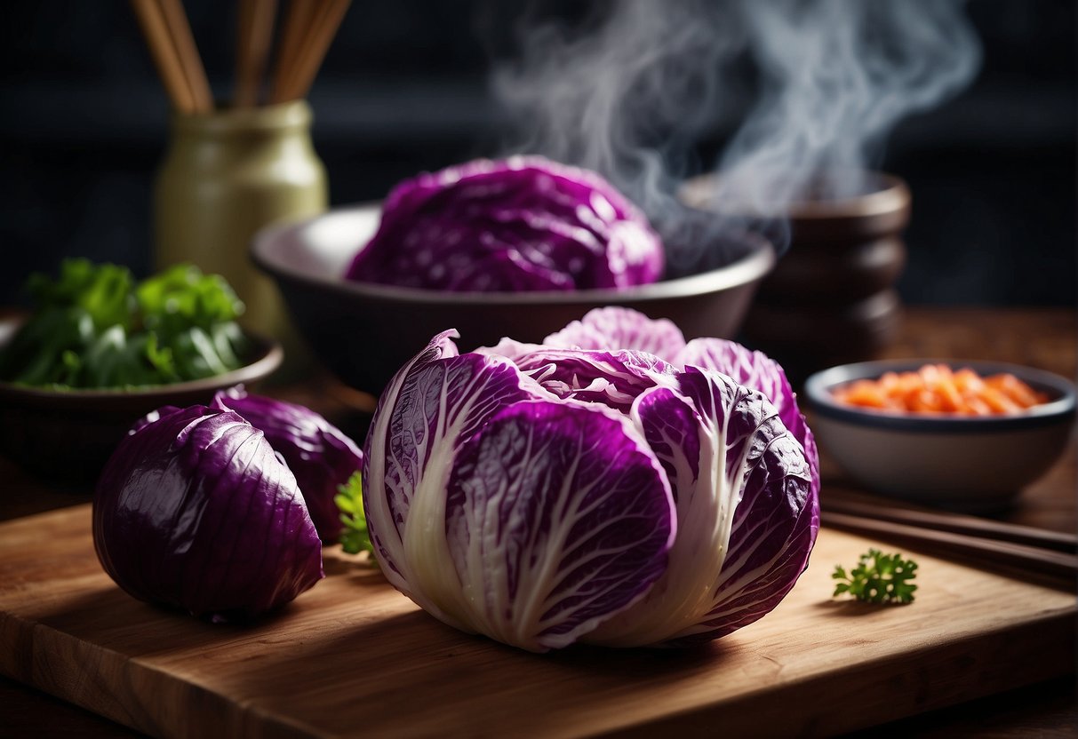 A vibrant purple cabbage sits on a wooden cutting board, surrounded by traditional Chinese cooking ingredients. A steaming wok and chopsticks complete the scene