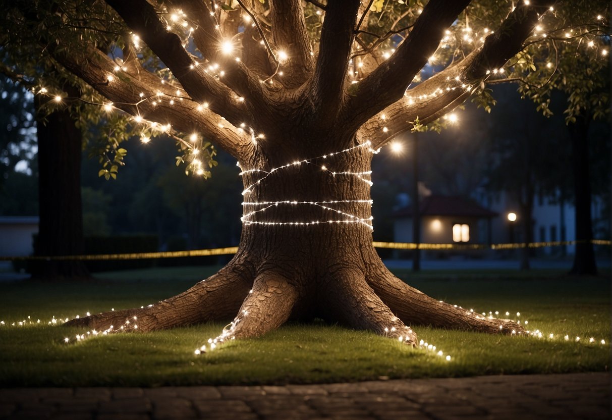 A tree wrapped in outdoor lights, with a measurement tape showing the distance of lights wrapped around the tree in feet