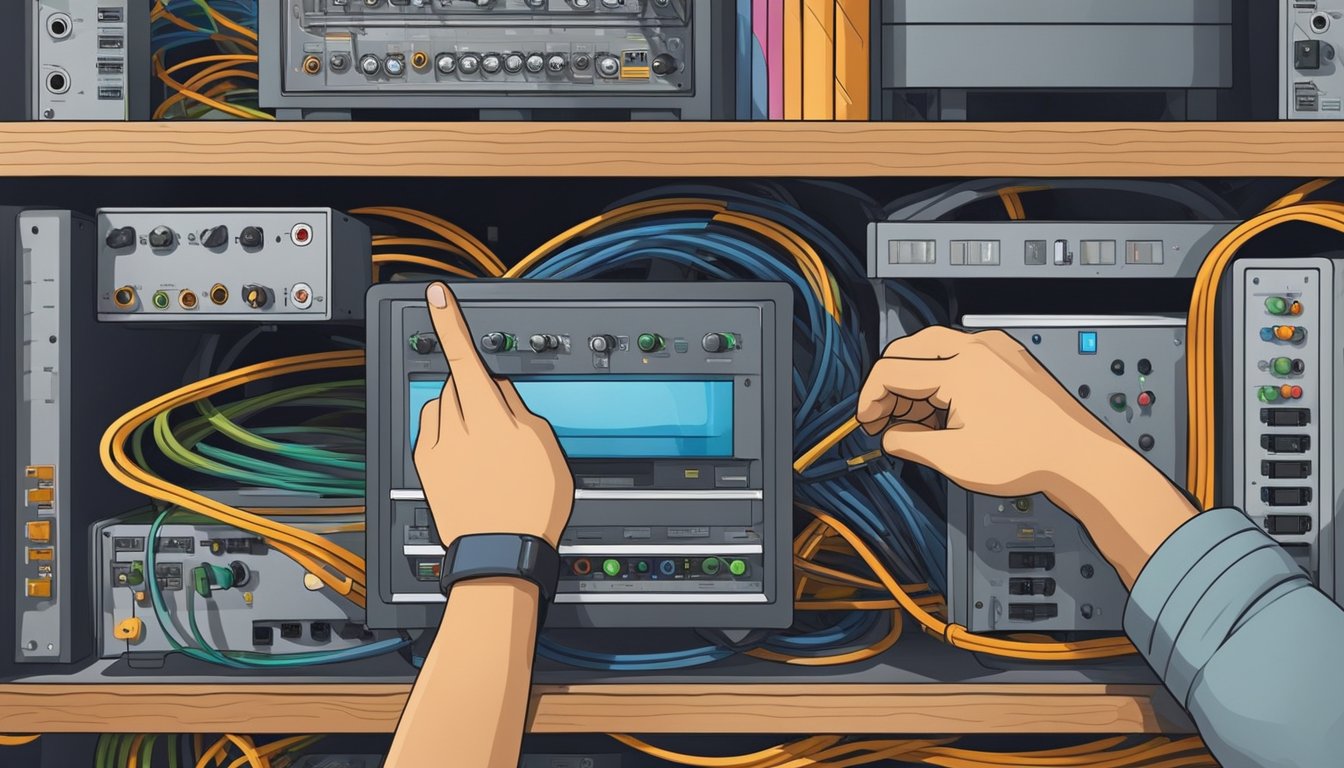 A hand reaches for a coiled ethernet cable on a shelf, surrounded by various types of cables and networking equipment