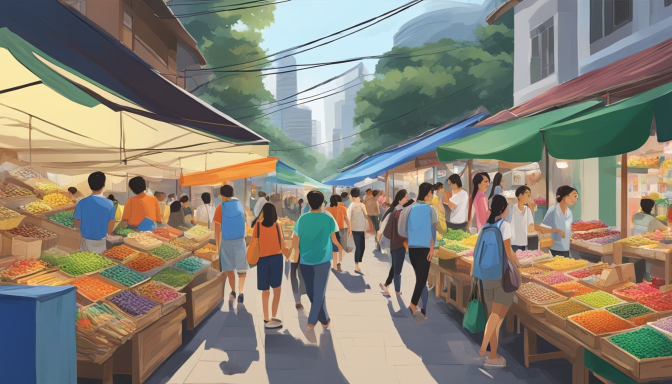 A bustling Singapore street market showcases vibrant Feiyue shoes on display, catching the attention of passersby