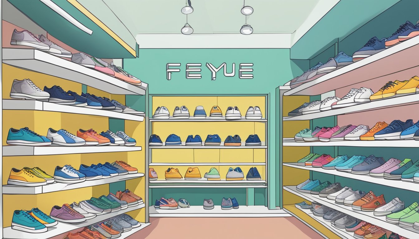 A display of various Feiyue shoes in a Singapore store, with different styles and sizes arranged neatly on shelves, inviting customers to choose their perfect pair
