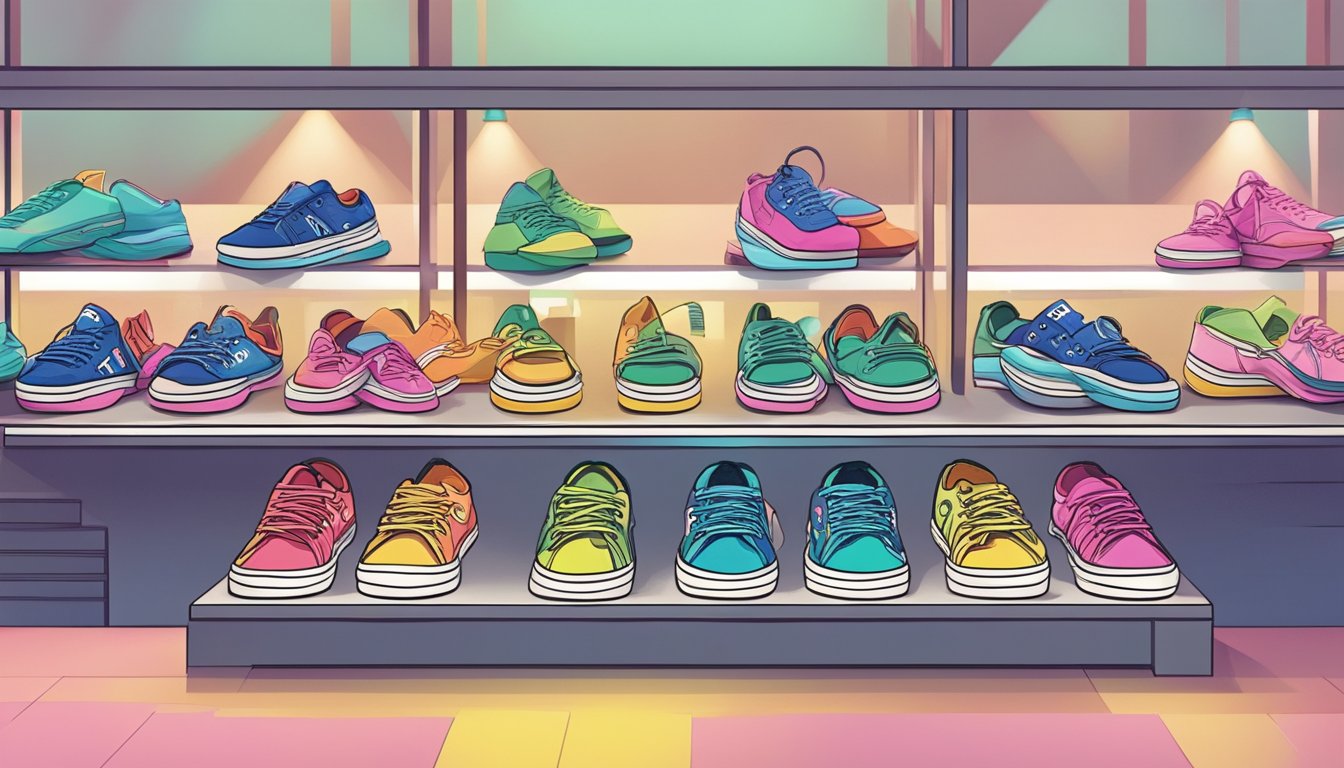 A stack of colorful Feiyue shoes with a "Frequently Asked Questions" sign in a Singapore store