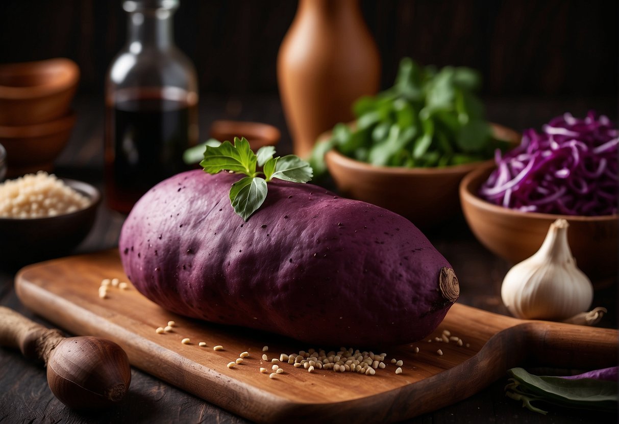 A vibrant purple sweet potato sits on a rustic wooden cutting board, surrounded by ingredients like soy sauce, garlic, and ginger. A wok sizzles in the background, as a chef prepares a traditional Chinese recipe