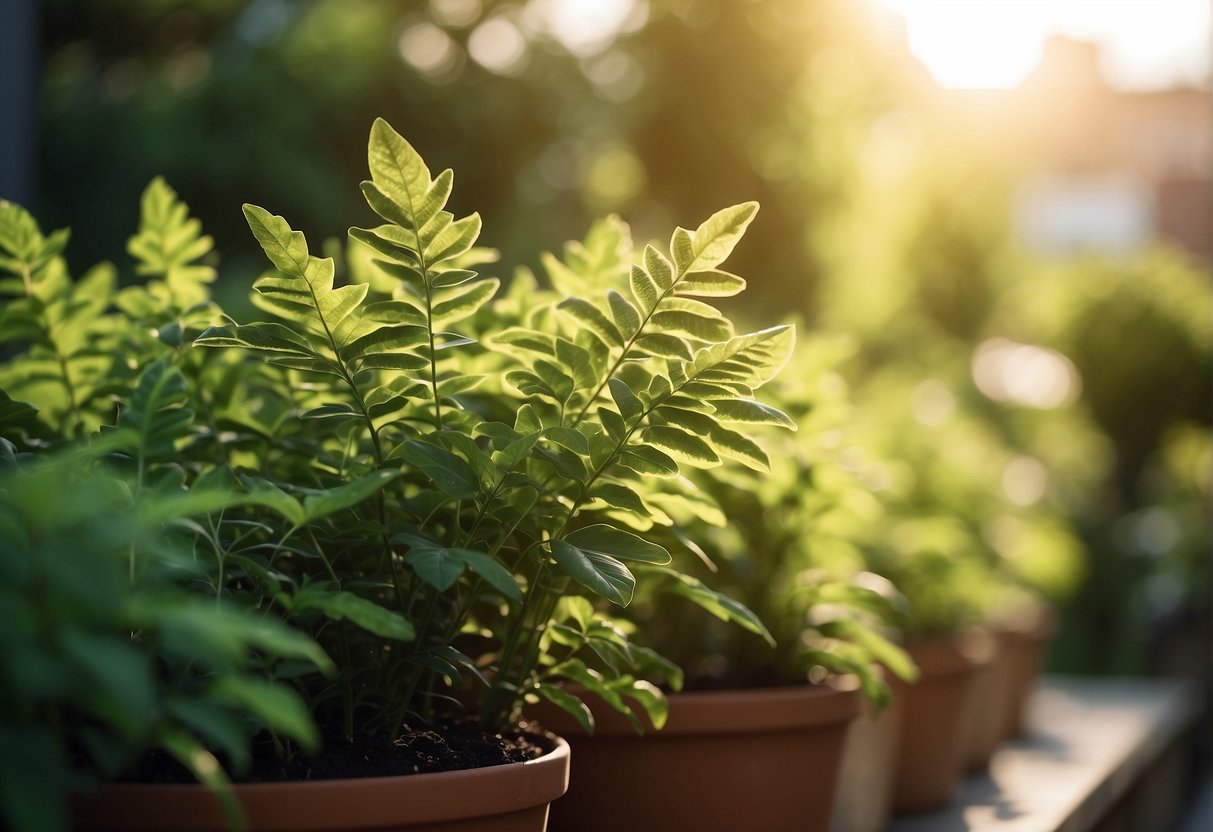 Lush green outdoor plants bask in the warm sunlight, with vibrant leaves and sturdy stems reaching towards the sky. It's the perfect time to carefully trim and top these thriving plants for optimal growth