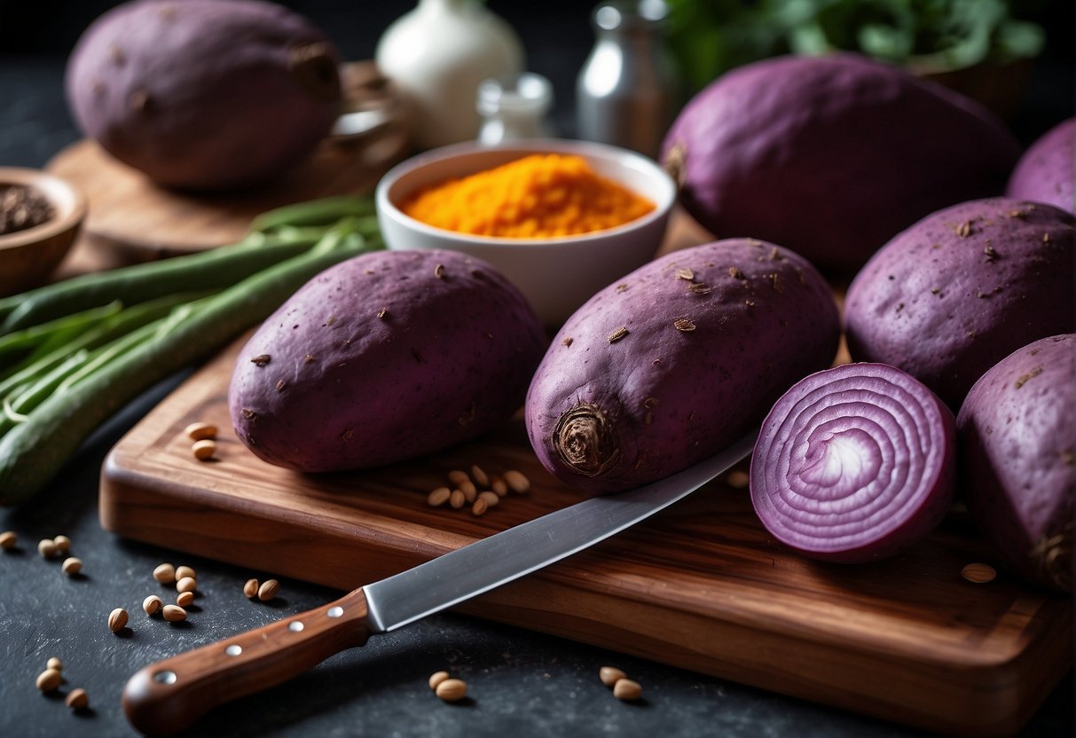 A purple sweet potato sits on a cutting board, surrounded by a knife, bowl, and various cooking ingredients