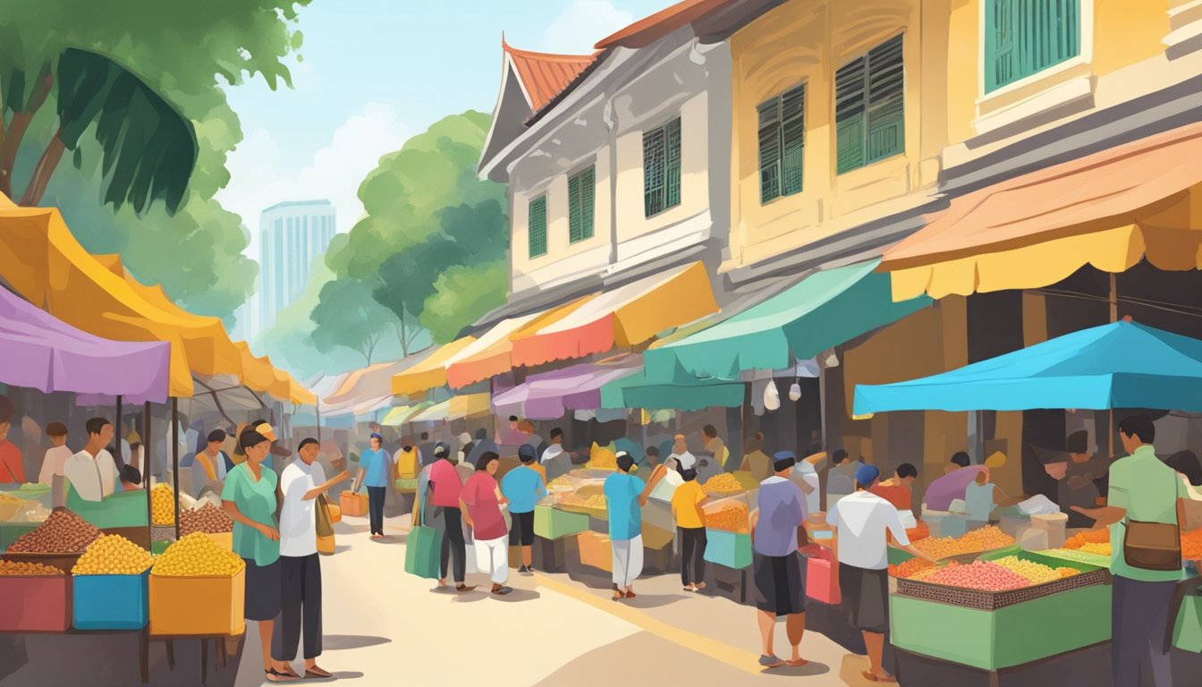 A bustling street market in Singapore, with colorful stalls selling pure gula melaka in intricately designed packages. The vendors are busy engaging with customers, while the sweet aroma of the palm sugar fills the air