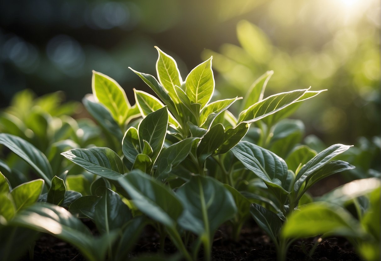 Lush green outdoor plants with healthy new growth after being topped. Sunlight filters through the leaves, highlighting the benefits of topping