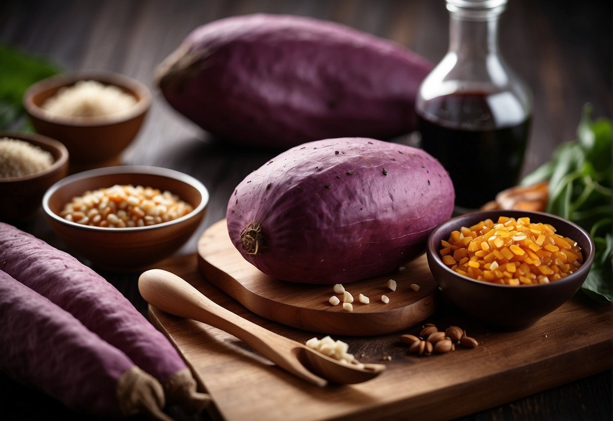 A vibrant purple sweet potato sits next to traditional Chinese cooking ingredients, such as soy sauce, ginger, and garlic, on a wooden cutting board